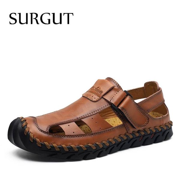 

sandals surgut summer fashion men outdoor genuine leather beach breathable mens shoes wear casual man size 48, Black