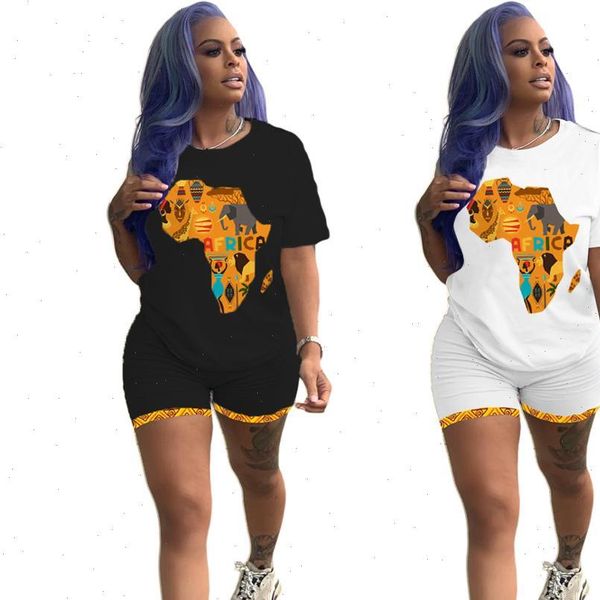 

printed two piece african map womens tracksuits round neck short sleeved t shirt and shorts set the summer fashion tracksuit, Gray