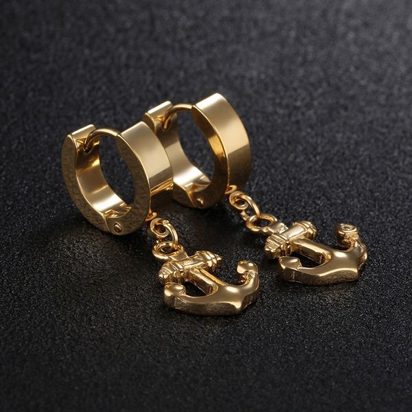 

silver/gold/black color stud stainless steel circle dangle unique round earring with anchor pendant men's earrings gift, Golden;silver