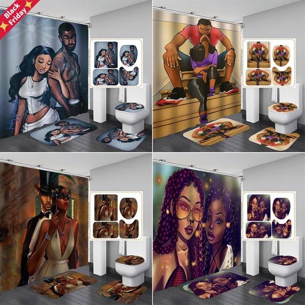 

african strong man girl shower curtain sets afro lover non-slip rugs toilet lid cover and bath mat bathroom curtains set