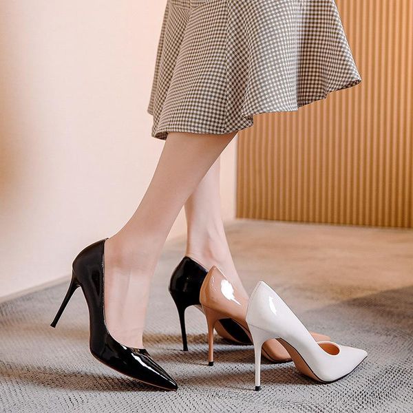 

dress shoes spring 2021 women's nude heels summer stiletto pointy patent leather pumps, Black