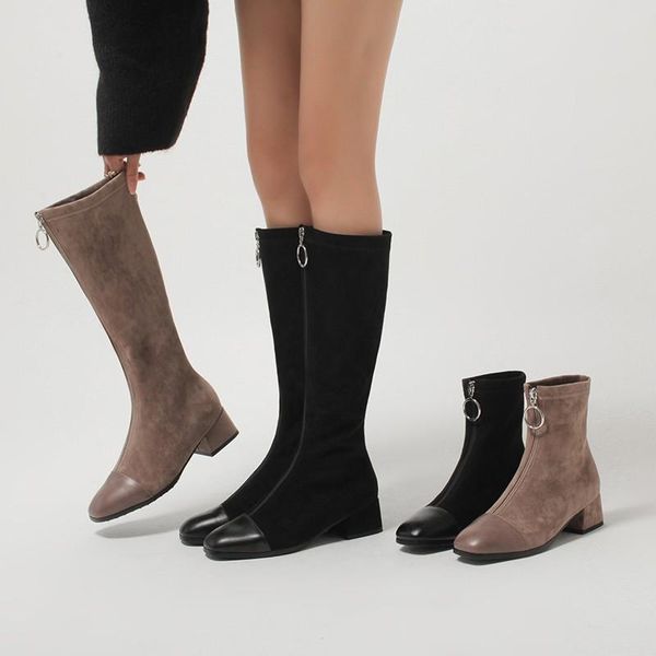 

boots handmade winter shoes size 42 knee high for women wide calf booties square toe front zipper block heels stretch, Black