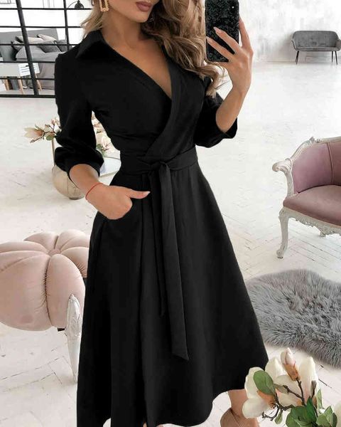 Primavera Autunno Plain Belt Shirt Dress Casual Femme Wrap Design Dress Office Ladies manica lunga con scollo a V Abiti New Vestido 210415