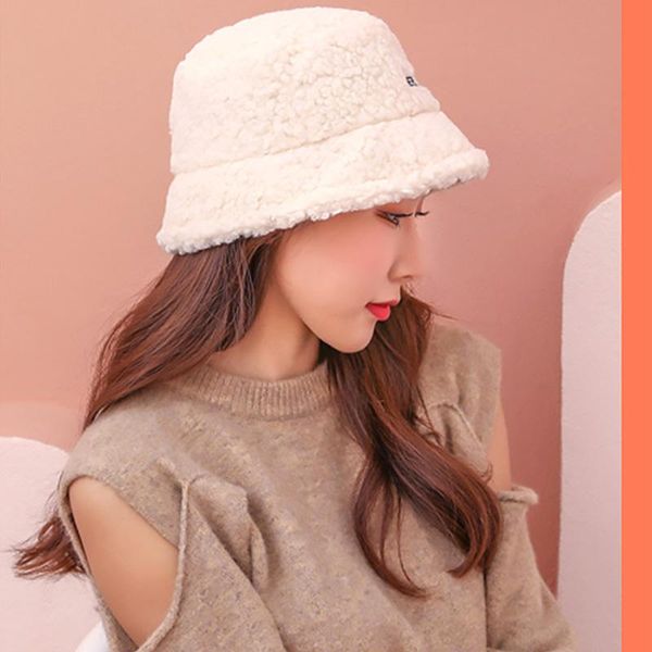 

berets lamb wool faux fur bucket hat winter warm teddy velvet hats for women lady thicken bob panama outdoor fisherman caps, Blue;gray