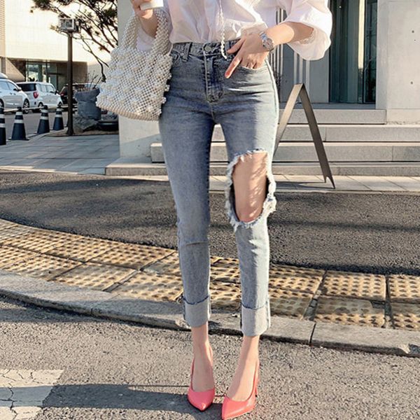 

moluleva legal fall ripped women's hole high waist pencil femme denim pants streetwear skinny jeans, Blue