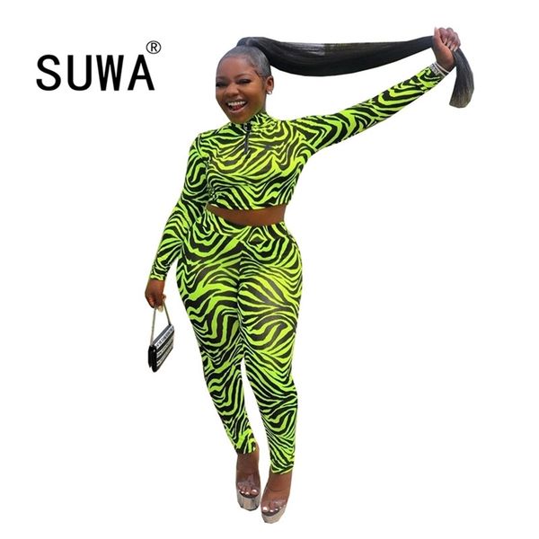 

neon green printed tracksuit club women 2 piece set long sleeve crop and skinny trousers spring autumn est 210525, White