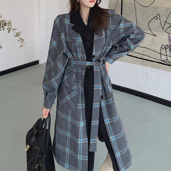 

women's wool & blends bellaza korean style overcoat autumn winter fashion pockets lace up double breasted lapel long sleeve plaid simpl, Black