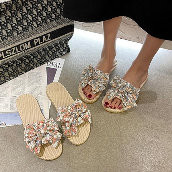 

slippers 2021 fashion women slipper summer flower bow female flat shoes casual outdoor comfortable weave sole slip on ladies, Black