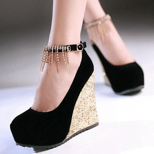

dress shoes 2021 doratasia plus size 43 elegant high heels party wedding wedges ankle-strap chains platform pumps woman, Black