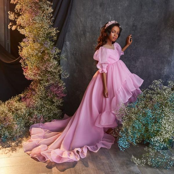 

girl's dresses pink high low flower girl beaded short sleeves little girls pageant gowns birthday party prom kids christmas dress, Red;yellow