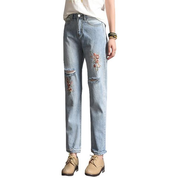

women's jeans 2021 denim for women harajuku cotton embroidery hole ripped ankle length jean female #1748, Blue