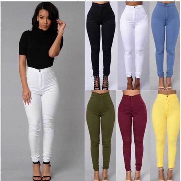 

candy color skinny jeans woman white black high waist render vintage long pants pencil denim stretch feminino, Blue