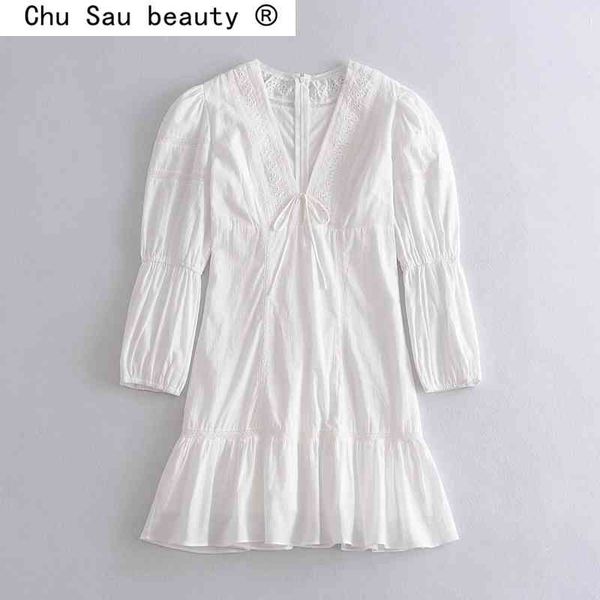 

spring summer women's embroidery lace stitching white puff long sleeve v-neck slim mini dress 210514, Black;gray