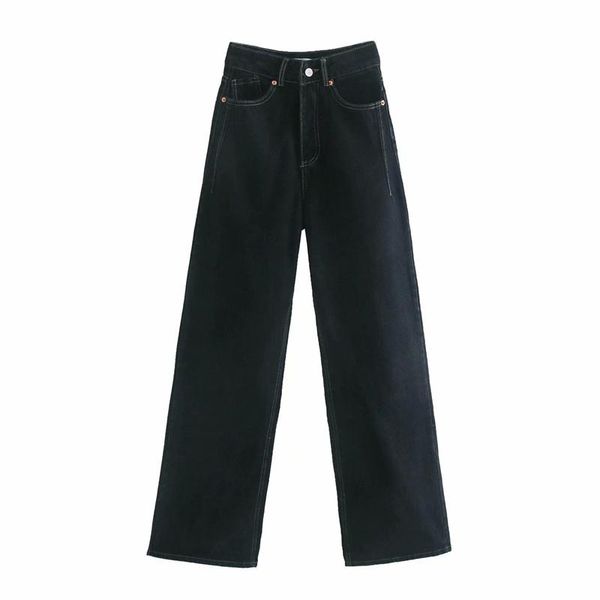 

women's jeans 2021 women high waist overlength pants trousers pockets zipper female wide leg denim 4m520, Blue