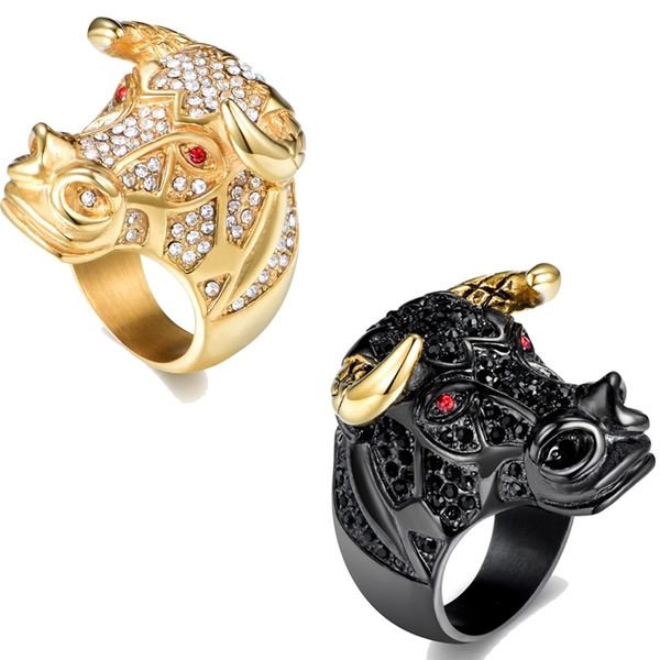 

men's stainless tauren rock hip hop diamond titanium steel ring jewelry, Black