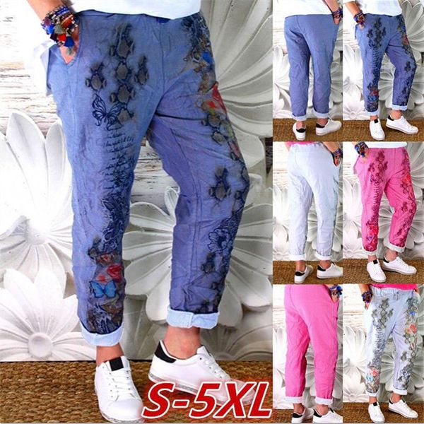 

women's pants & capris floral womens rose printed loose mid waist long casual plus size femme trousers ie1o, Black;white