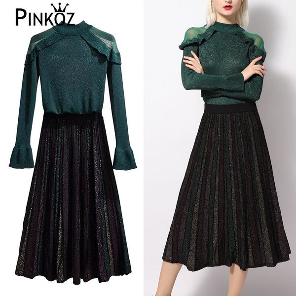 

green spring ruffle piece set women bright silk knitted sweater + high waist pleated midi skirt sets female 2 suit 210421, White