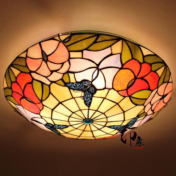 

ceiling lights european butterfly 16 inch led e27 110-240v pastoral light tiffany round glass lampshade lamparas de techo abajur