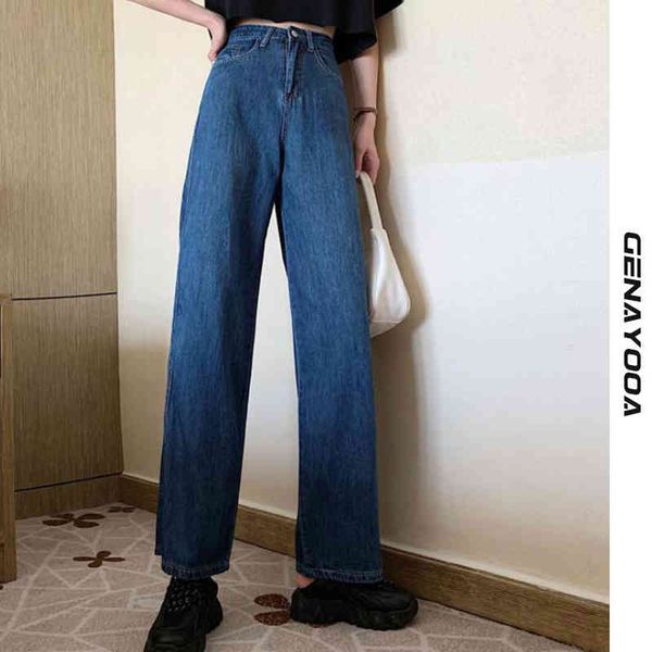 

genayooa streetwear denim straight womens split wide leg woman jeans high waist boyfriend loose trousers spring autumn 210417, Blue