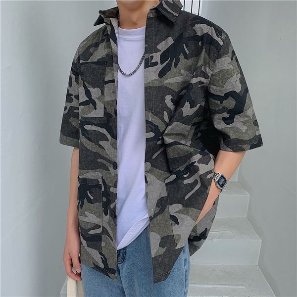 

shirts summer cotton camouflage men's fashion casual tactical shirt men streetwear korean loose short-sleeved shirts mens -5xl, White;black