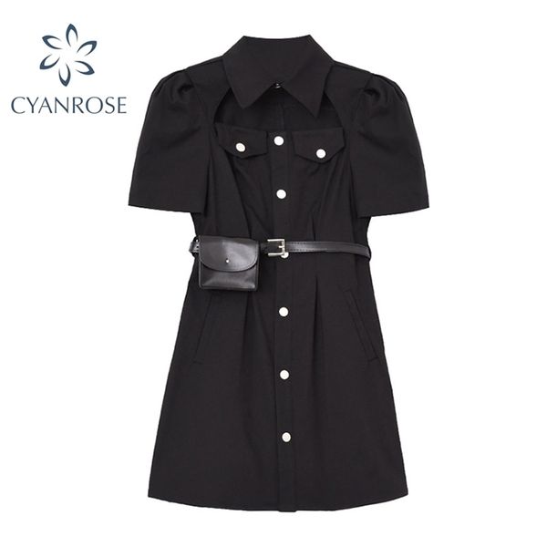 

gothic black button shirt dresses women punk style turn-down collar short sleeve mini high waist pockets belt lady 210515, Black;gray