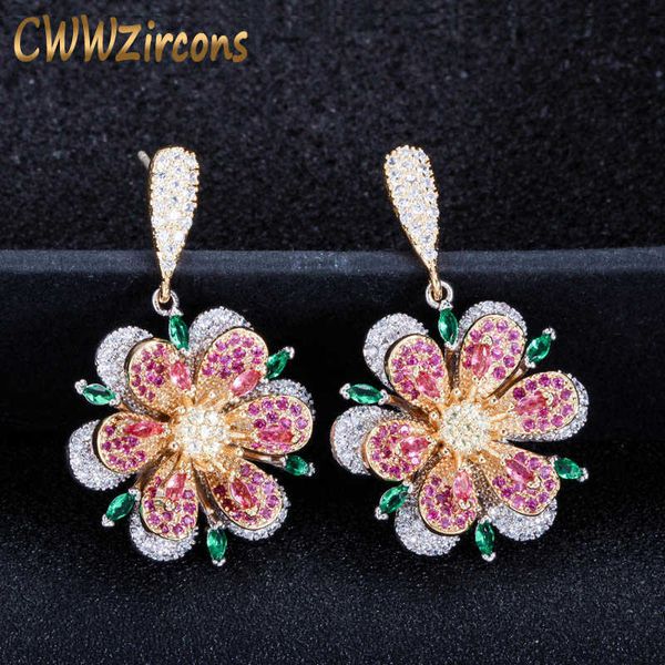 3D Geometrisches Design Rose Rot und Grün Smaragd Kristall Luxus Marke 925 Silber Blume Tropfen Ohrringe für Frauen CZ445 210714