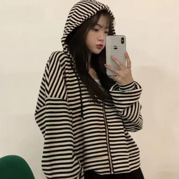 

women's hoodies & sweatshirts 2021 autumn women striped sweatshirt long sleeve hooded zipper pockets jackets casual plus size tracksuit, Black