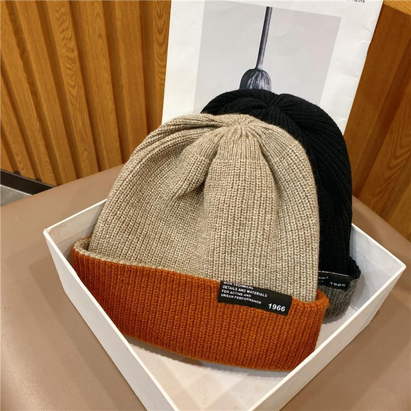 

luxury cool tide contrast color knitted hat women's autumn and winter the double-sided warm student hat simple daily pullover woolen ha, Blue;gray