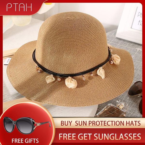

wide brim hats [ptah] summer straw sun hat women roll-up foldable beach cap breathable uv protection casual adjustable, Blue;gray