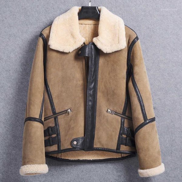 

men's leather & faux fur one genuine jacket lapel short collar casual mens clothing winter coat male, Black