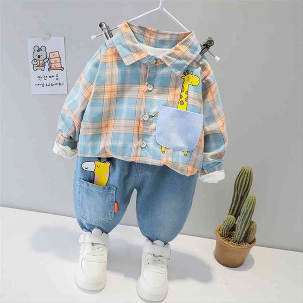 

spring autumn baby boys clothing sets cartoon giraffe plaid shirt jeans toddler infant children kids casual clothes, White