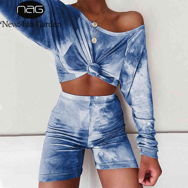 

newasia tie-dye pyjamas two piece set long sleeve crop loose shirt and biker shorts set outfit summer fashion tracksuit 210413, Gray