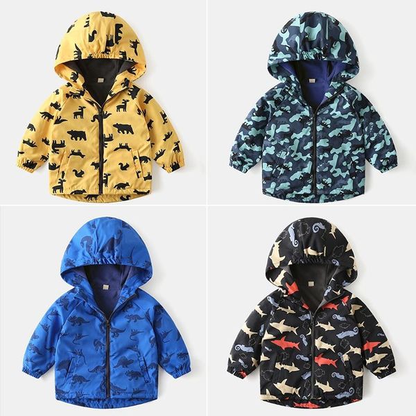 

jackets baby warm kids windproof print hooded zipper spring autumn coat for boys girls outing clothes windbreaker, Blue;gray