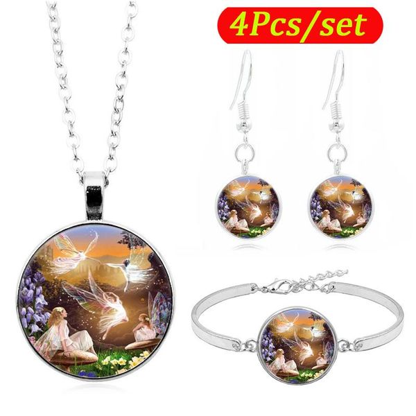 

earrings & necklace fairy ballet po glass cabochon fashion jewelry set chain bracelet earring sets for women gift, Silver