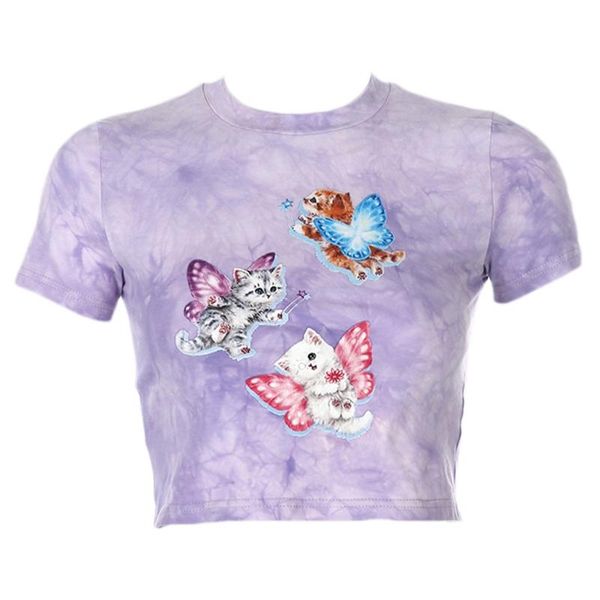 

women short sleeve o-neck t-shirt harajuku tie-dye angel print slim crop x3ue men's t-shirts, White;black