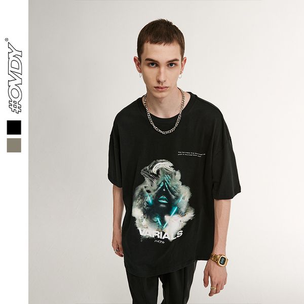 

wxwovdy men's 2021 spring and summer new loose high street smoke figure print short sve t-shirt fashion, White;black