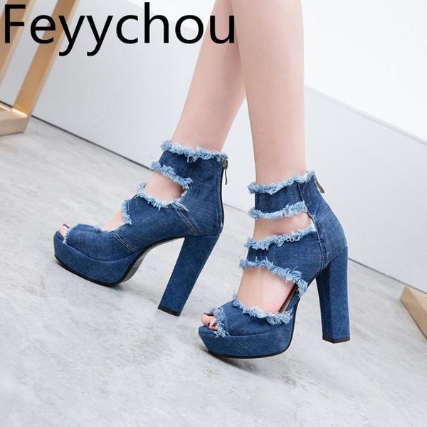

women sandals super high heel stretch denim peep toe zip ankle-wrap platform square 2021 fashion casual blue dress shoes, Black