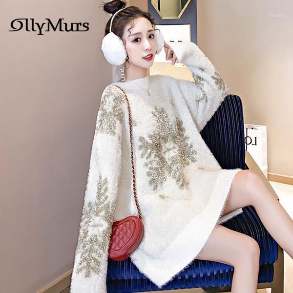 

fashionable christmas knitting pullovers km132 o-neck long sleeve women loose sweaters 2021 mohair thicken snowflake jumpers women's, White;black