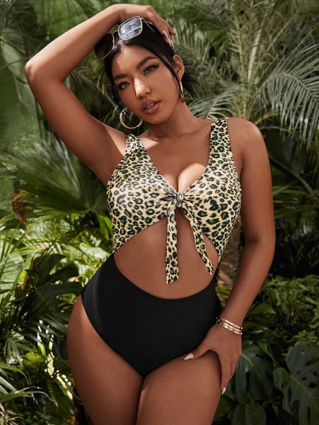 

plus leopard cut-out knot front one piece swimsuit v6kf#, Black