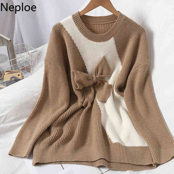 

neploe winter clothes women korean pullovers o-neck contrast color knitted sweaters women sweet bow jumper pull femme 4g221 210422, White;black