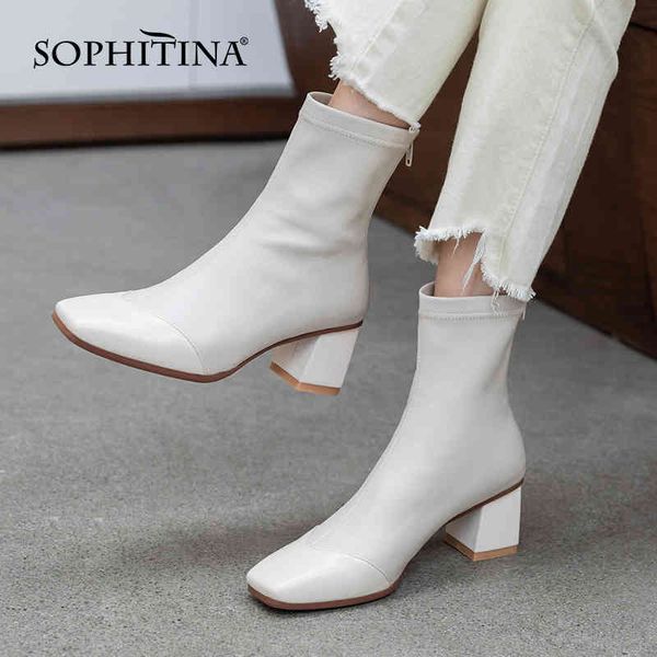 

sophitina mature boots women genuine leather zipper antiskid lady shoes square toe high heel office ankle female shoes so860 210513, Black