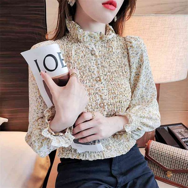 

floral long-sleeved chiffon shirt spring slim stretch retro cropped 210520, White