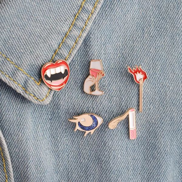 

vampire mouth pipe hand holding pink cocktail match personality special brooch ornament lapel badge gift pins, Blue