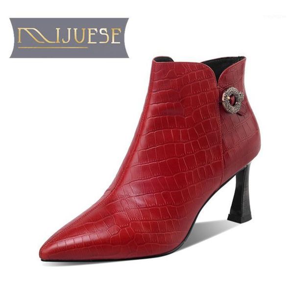 

boots mljuese 2021 women ankle cow leather winter short plush pointed toe metal decoration high heels female size 391, Black