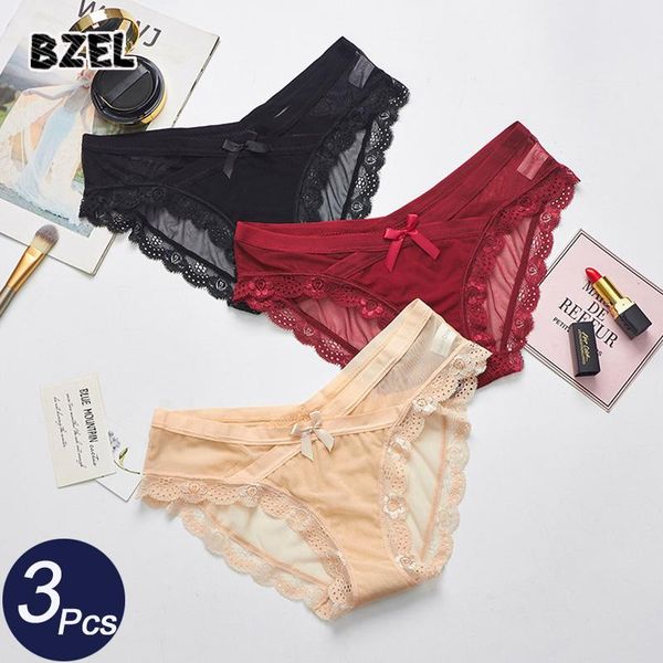 

women's panties bzel 3pcs/lot women lace set underwear seamless intimates briefs low rise comfort underpants lady lingerie tanga, Black;pink