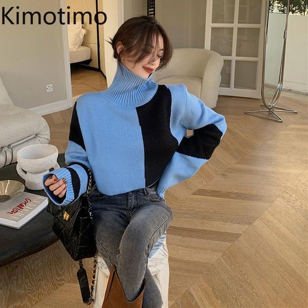 

kimotimo 2021 autumn turtleneck short sweater women long sleeve elegant vintage female casual outfit knitted women's sweaters, White;black