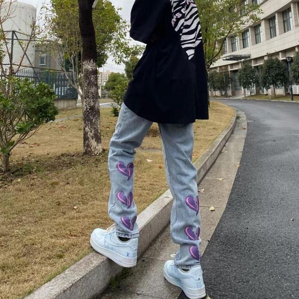

men's jeans streetwear men and women denim hip hop love light retro 90s vibe style black straight pants mens trousers, Blue
