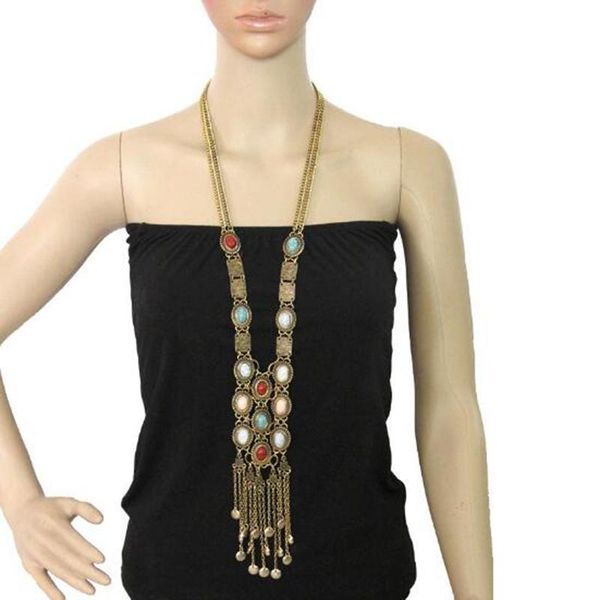 

pendant necklaces meetcute charming jewelry long maxi necklace women multi-color stone decor vintage ethnic collar chain gift for friend, Silver