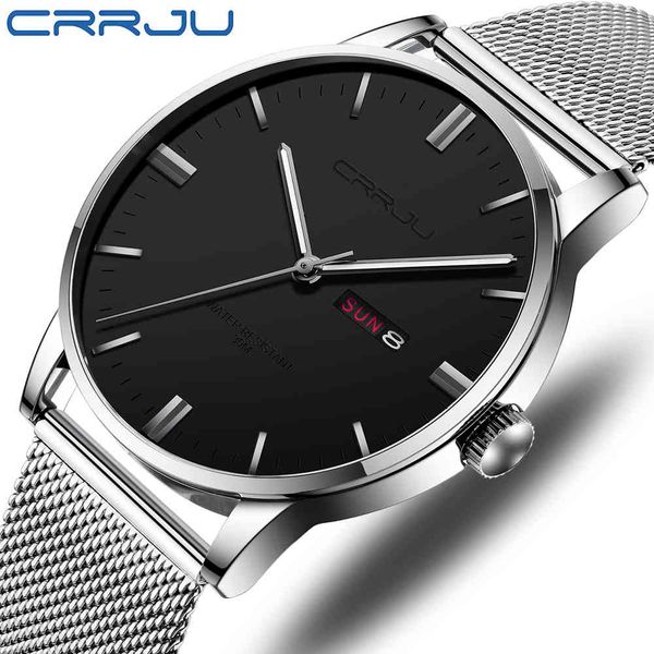 

watches crrju casual men slim watch waterproof quartz wristwatch military calendar display luxury watch clock relogio masculino 210517, Slivery;brown