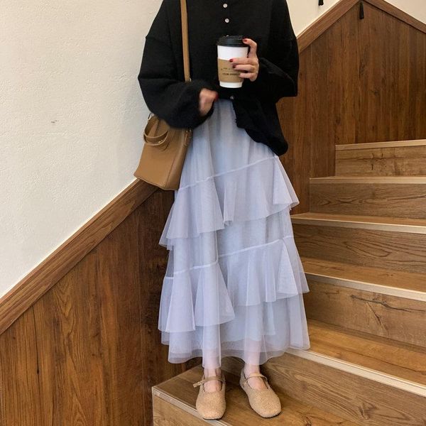 

skirts hzirip mesh women streetwear a-line multi-layers 2021 solid chic girls gentle high waist all-match loose cake, Black